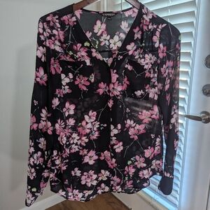 Express Black Blouse with Pink Floral Design Size Small